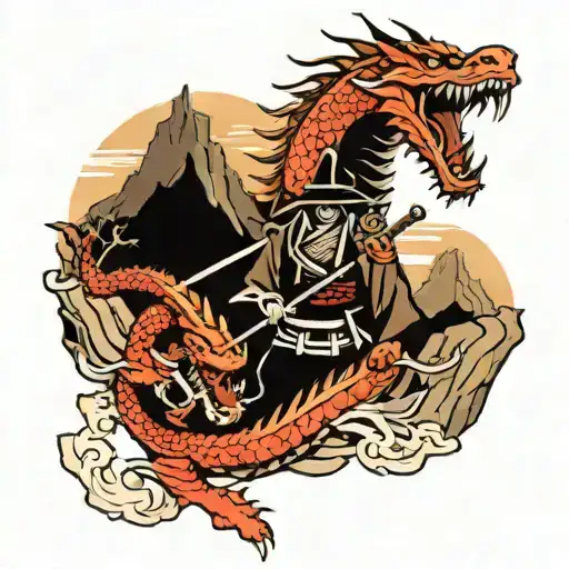 Samurai And Dragon In Japaneese Mountain Range