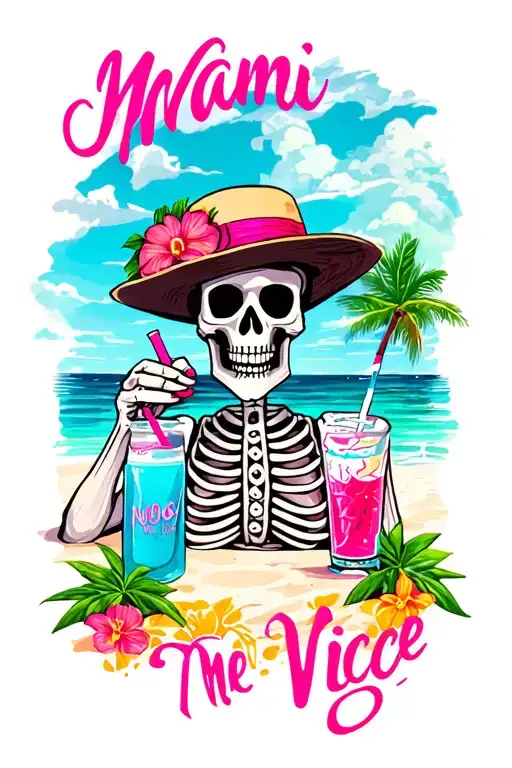 A Skeleton With A Hat And Drink Enjoying A Day At The Beach With Miami Vice Inspired Colors