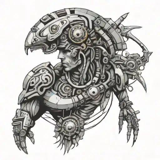 A Futuristic Cyborg Hacker Merging With Ancient Mayan Technology