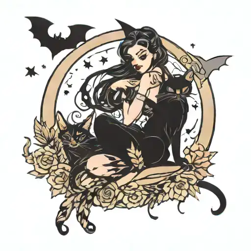 Witchy Pinup With Black Cat And Bats In Front Of A Crescent Moon