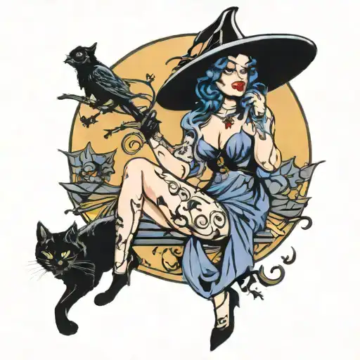 Witchy Pinup Woman With Black Cat And Bats And A Moon Behind Her