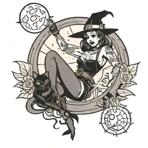 Witchy Pinup With Garder Belt And Tattoos With Black Cat And Bats And A Moon Behind Her