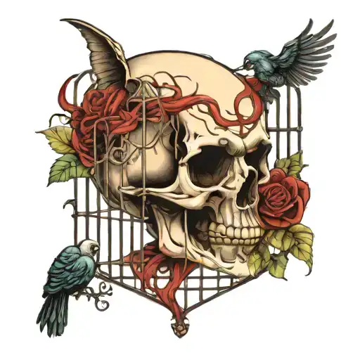 Cage Inside Skull With Bird And Demon Holding