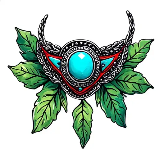 Turquoise Western Broach With Black Marble Accents With Green Leaves Around And Red
