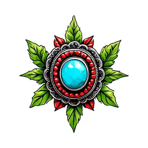 Turquoise Western Broach With Black Marble Accents With Green Leaves Around And Red
