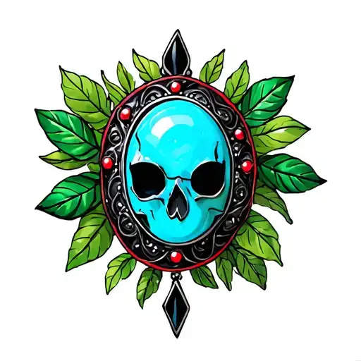 Turquoise Western Broach With Black Marble Accents With Green Leaves Around And Red