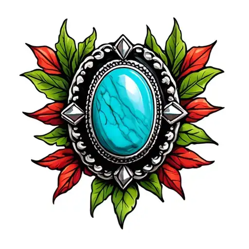 Turquoise Western Broach With Black Marble Accents With Green Leaves Around And Red