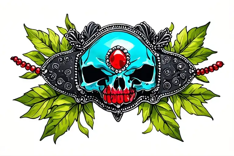 Turquoise Western Broach With Black Marble Accents With Green Leaves Around And Red