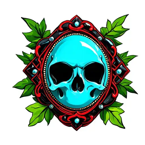 Turquoise Western Broach With Black Marble Accents With Green Leaves Around And Red