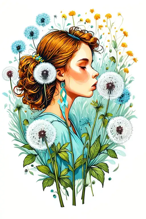 Girls Blowing On Dandelion Spore Of Cancer Ribbons