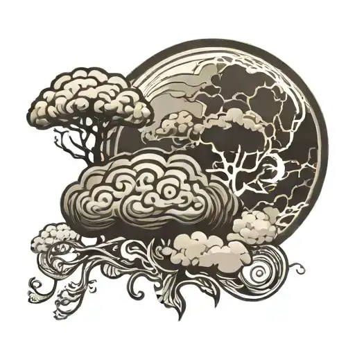 Brain Shaped Storm Cloud With Lightning Moon Above Black And Grey Silhouette Of A Family Of Four