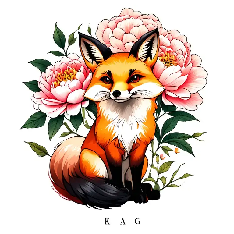 Fox With A Spread Tail With A Peony Flower