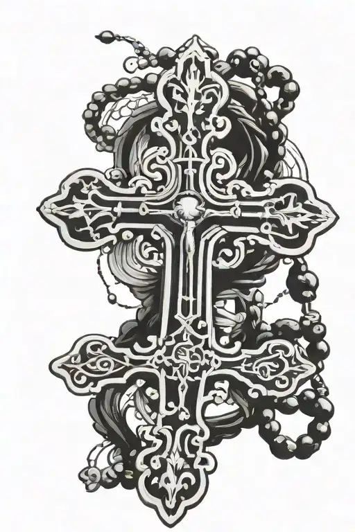 Black And White Tattoo Of An Orthodox Cross With A Rosary Hanging From It