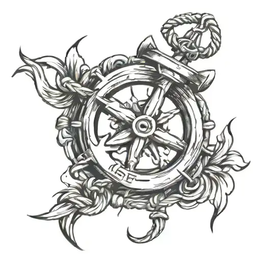 Anchor With Rope And Boat Wheel Together With Praying Hands Faded In On The Bottom Right