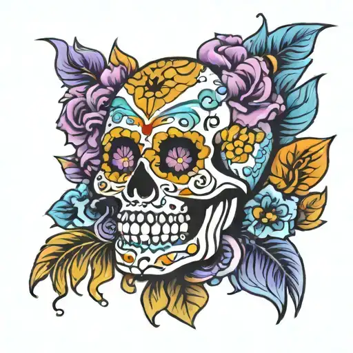 Sugar Skull Of Mexico With Color Skyblue Purple And Orange And Yellow