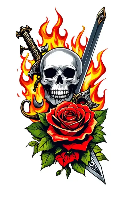 Skull And Rose And Fire Flames And Sword