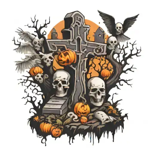 Scary Forest With Tombstones And Skulls And Ghosts