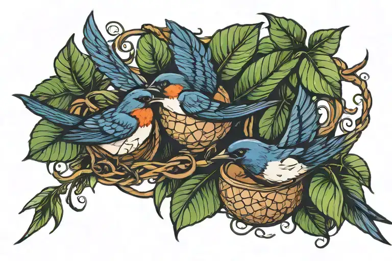 2 Swallows Carrying A Coconut With Vines