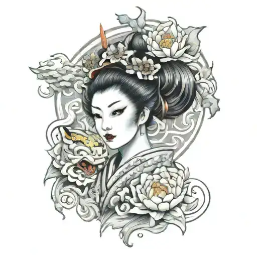 Geisha And Tengu With Lotus