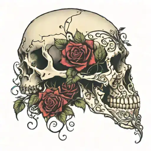 Skull Looking To The Left With Roses And Vines Wrapped