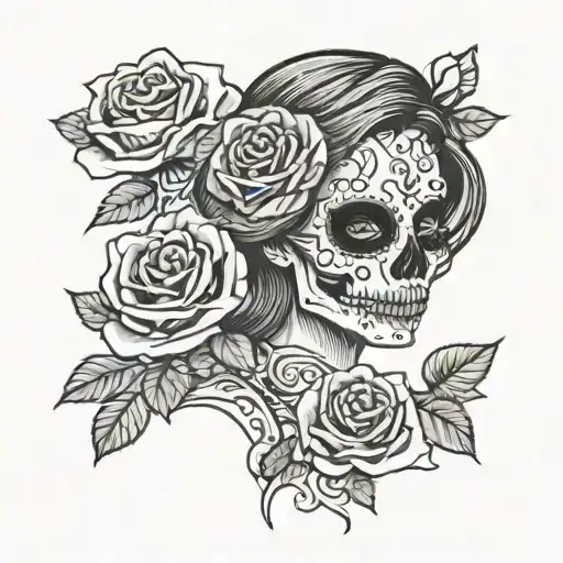 A Woman With A Skull Face Holding A Rose