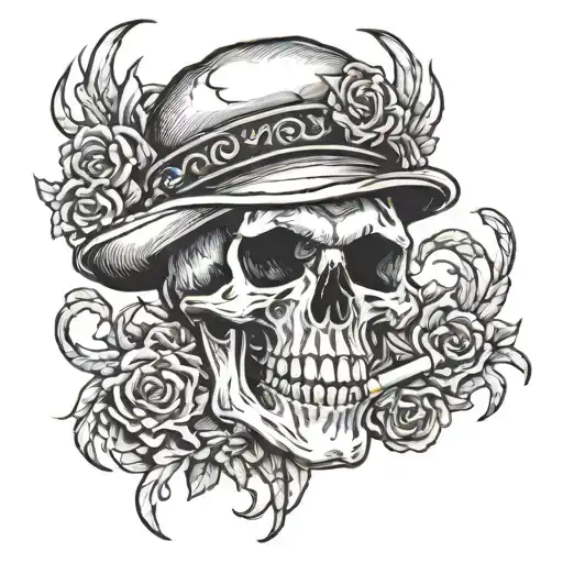 Skull Smokint Cigarette Burning Black