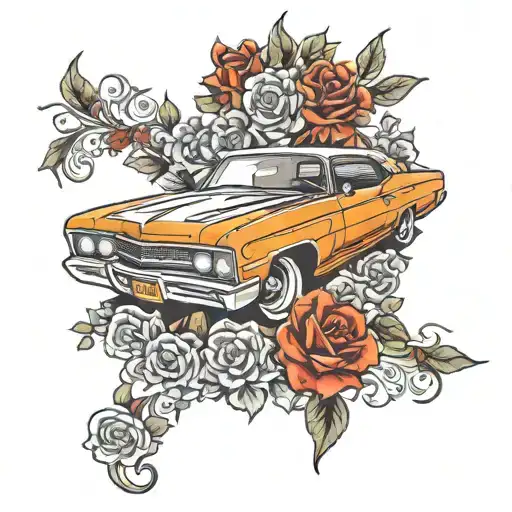 Lowrider Impala Car Lifted On Hydraulics With Flowers