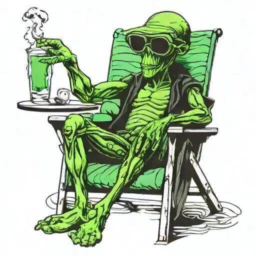Green Alien Sitting In A Beach Chair With Green Tinted Sunglass Smoking A Joint Tattoo On Leg