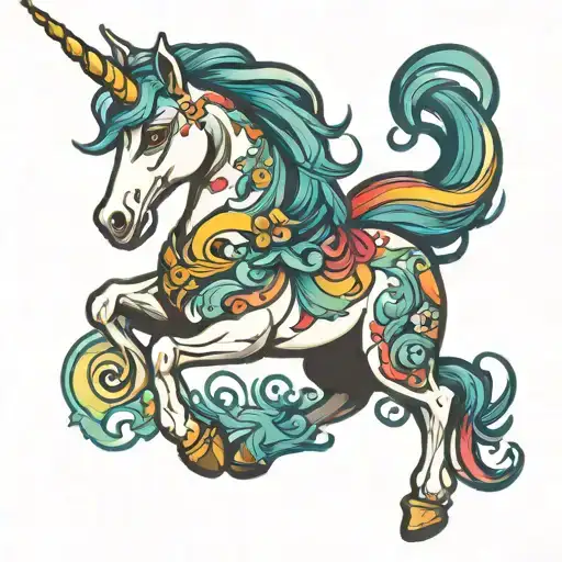 A Mystical Unicorn With A Flowing Rainbow Mane And Tail