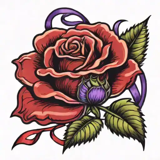 Red Rose With A Stem And Purple Ribbon On The Stem As A Leaf
