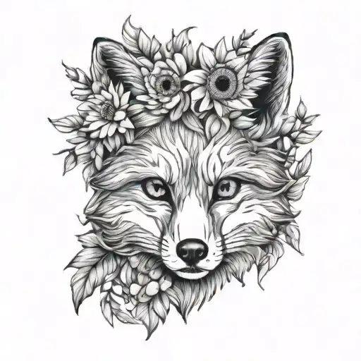 Fox With Sunflowers And Gerbera Daisies Intertwined