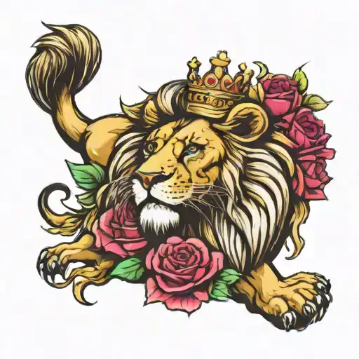 Lion And Royal Crown Surrounded By Bold Flowers Half Sleeve