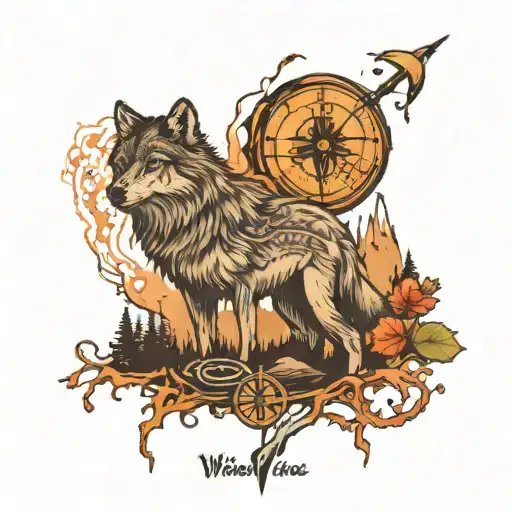 Wolf And Compass With Hills Trees