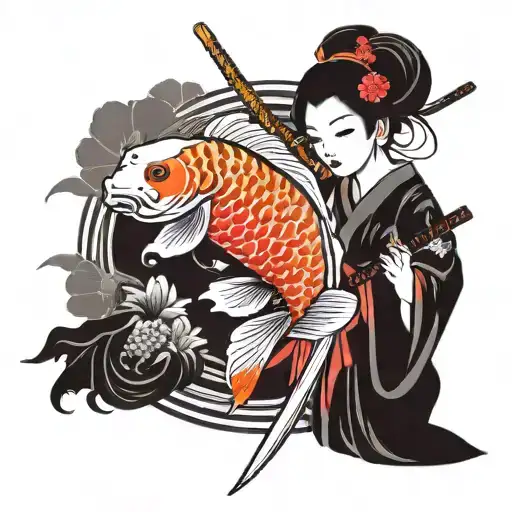Koi Fish Yin Yang Geisha Holding A Katana