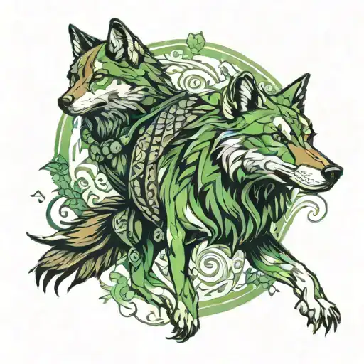 Red Wolf Female Green Eyes And A Raven Man Walking