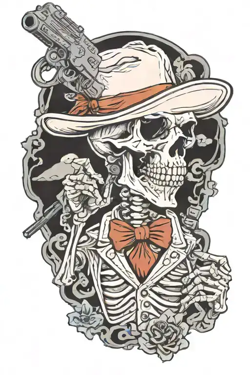 Dinosar Skeleton Holding Dual Pistols As Doc Holliday In Tombstone