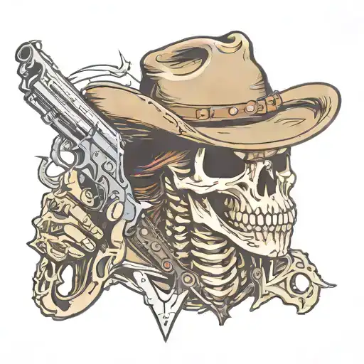 Raptor Bones Holding Dual Pistols With A Mustache And Cowboy Hat