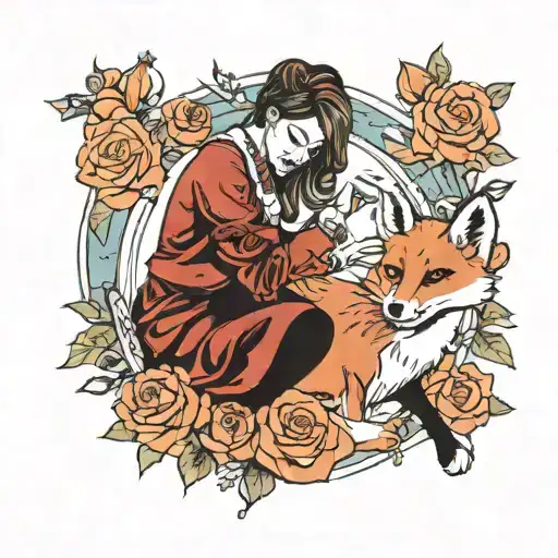 Woman Petting A Fox With Roses In The Background