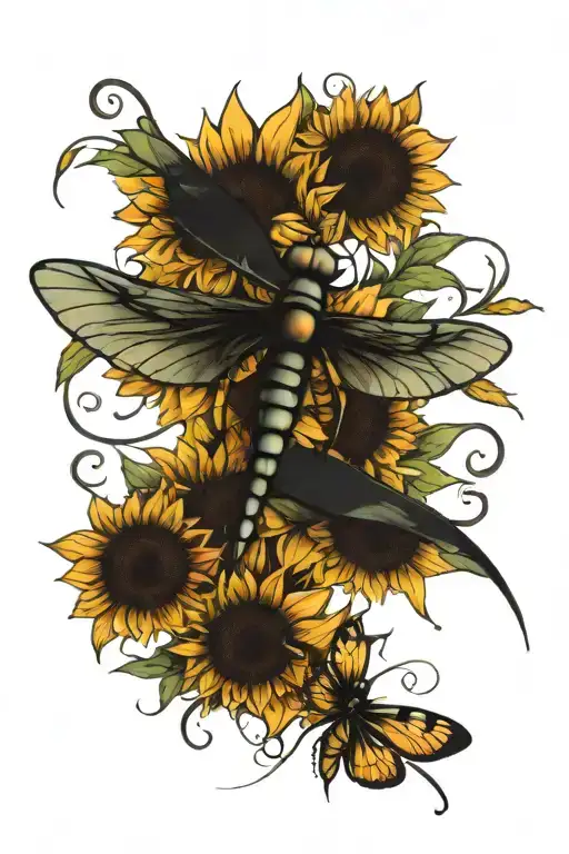 Dragongfly Over Sunflower Surrounded