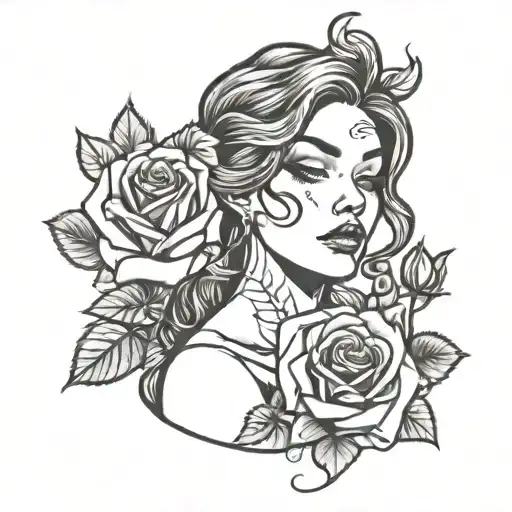 Seductive Womans Face Holding A Rose Intertwined