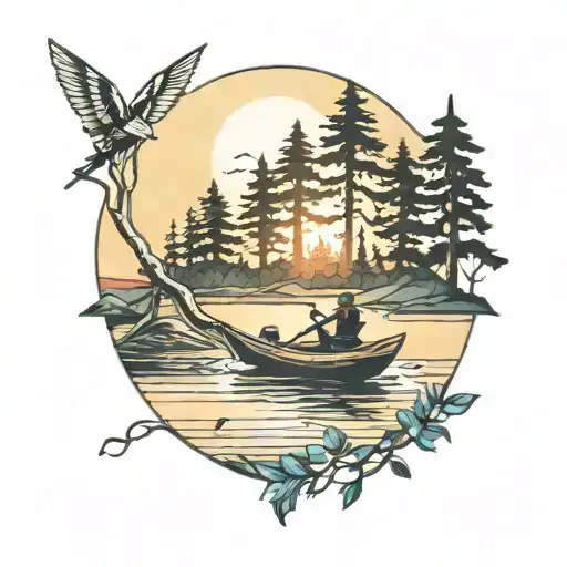 Canoe And Trees Colors Sunset