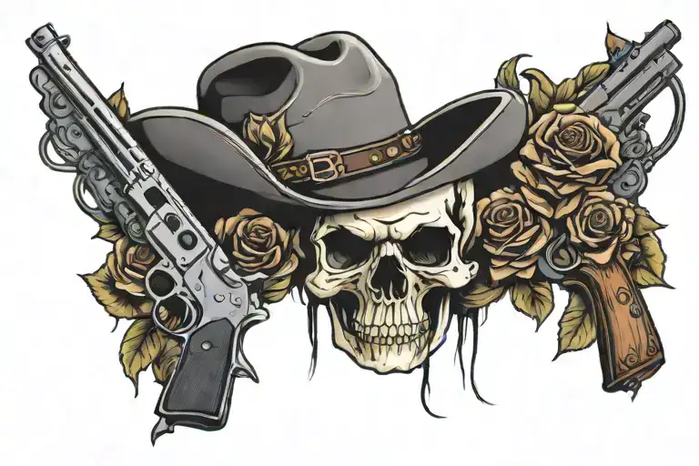 Skull Cowboy Hat Roses Guns