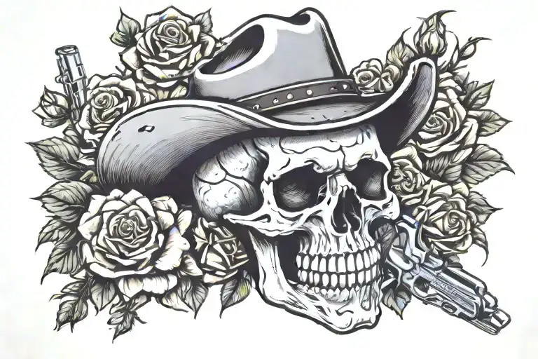 Skull With Cowboy Hat Roses Guns Crossed Together