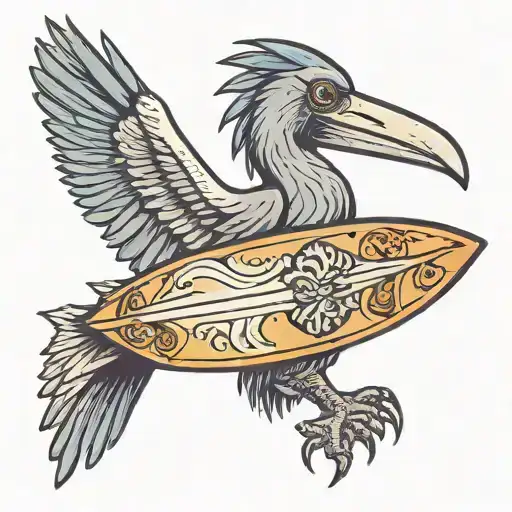 Shoebill Stork Holding Surf Board Under Wing