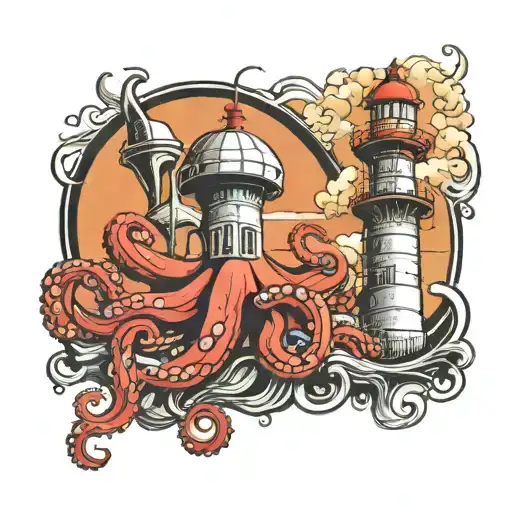Octopus Wrapped Light House In Sea Half Sleeve