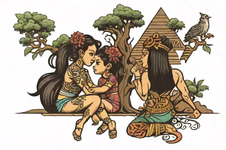 Family Tree Two Girls Sitting Asia And Cali Aztec Pyramids
