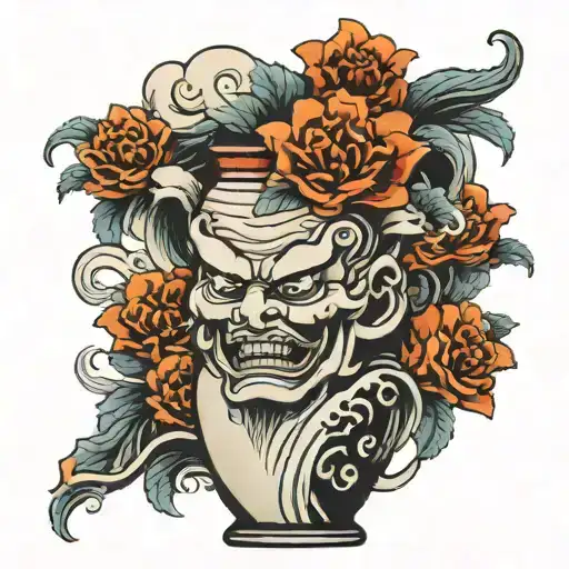 Japanese Style Vase With Water Wave Flowing Out With Oni Mask Leaning Against Vase