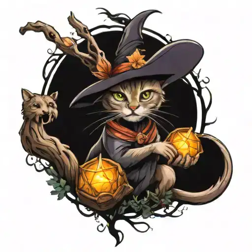 A Neotraditional Tattoo Design Of A Witch's Cat Casting Spells In A Mystical Forest