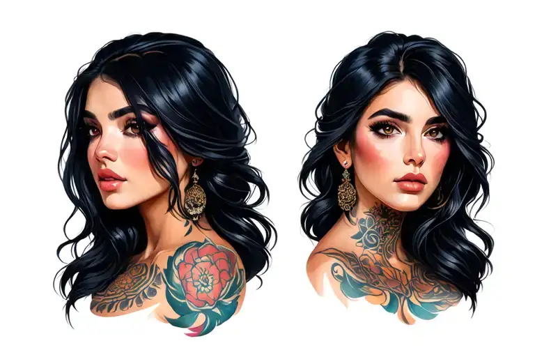 Face Of Three Quarters Woman With Dark Long Hair