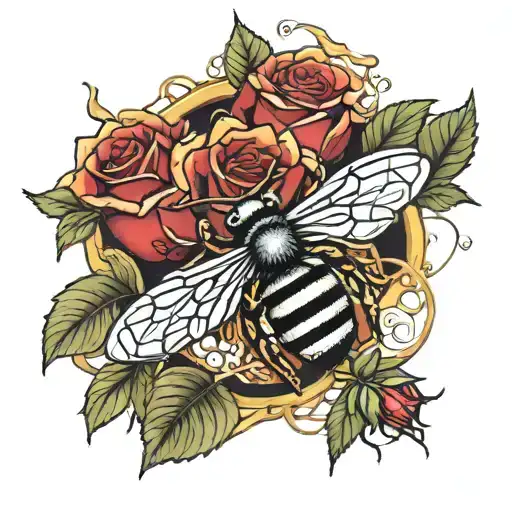Bees And A Red Rose Intertwined